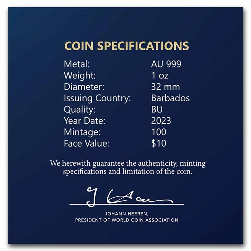 Pièce d'or Barbados Octopus 2023, 31,1 grammes d'or pur (épreuve 0,999) Pièces de collection