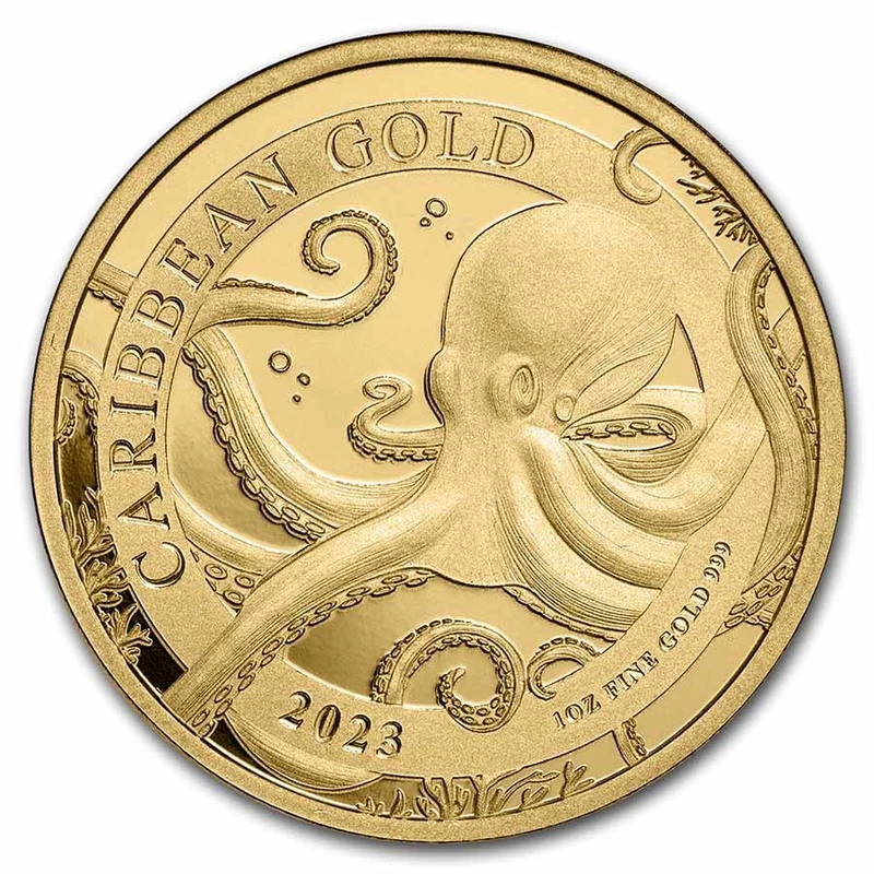 Moneta d'oro Barbados Octopus 2023, 31,1 grammi di oro puro (0,999 proof) Monete da collezione