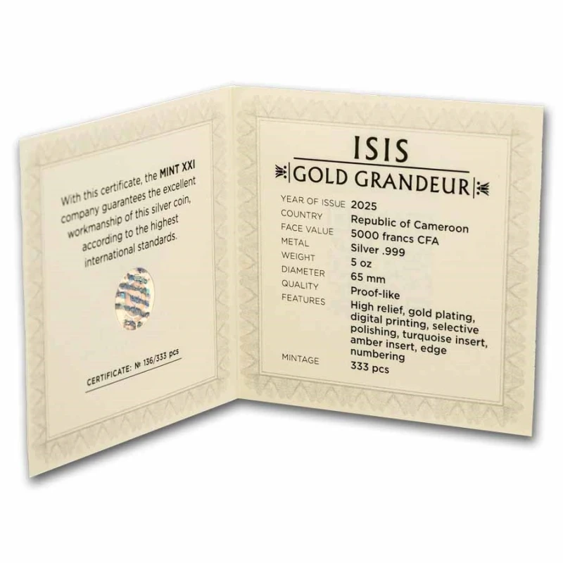 Cameroun : pièce d'argent Isis 2025 haut relief doré 5 oz Pièces de collection