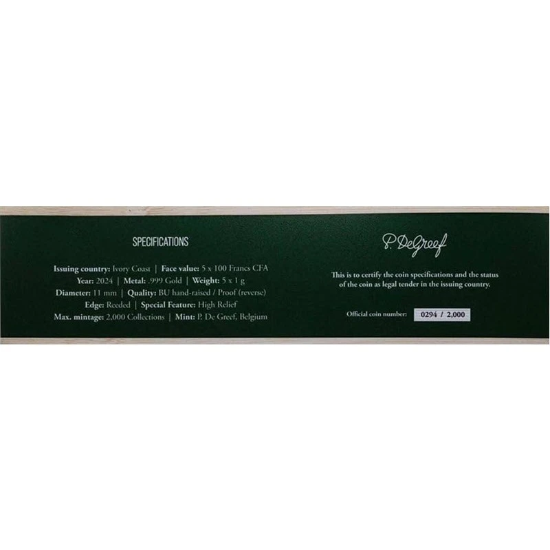 République de Côte d'Ivoire : pièces en or Animaux Asie 2024 set 5 g Pièces de collection