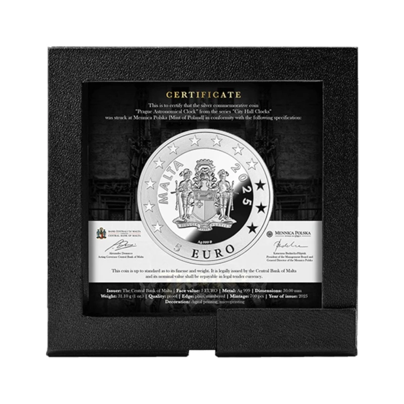 Malte : pièce en argent Horloge astronomique de Prague 2025 Belle Épreuve 1 once Pièces de collection