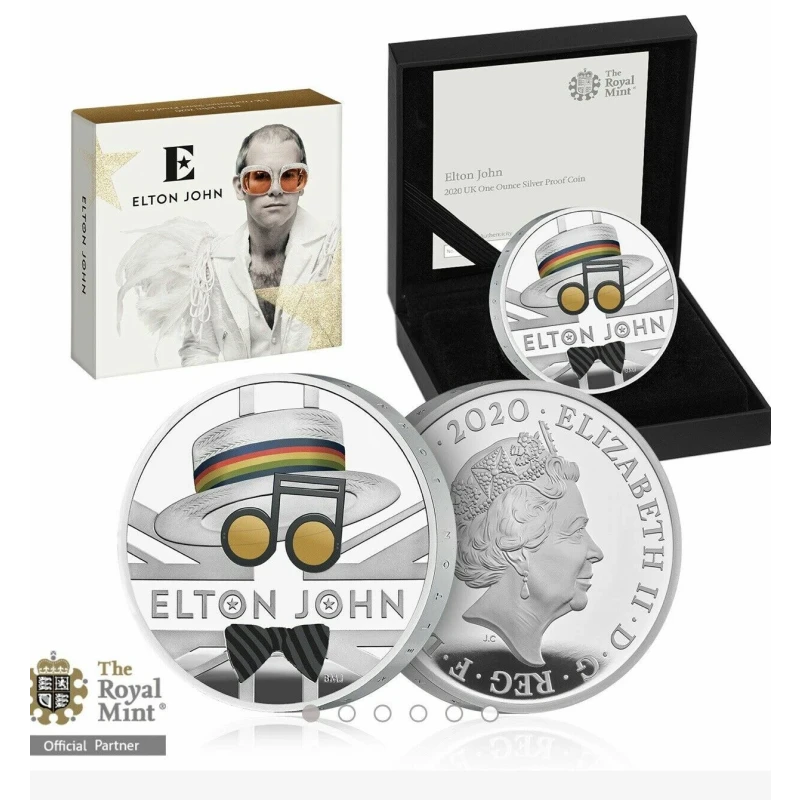 Regno Unito: moneta d'argento Elton John 2020 Proof colorata da 1 oncia Monete da collezione