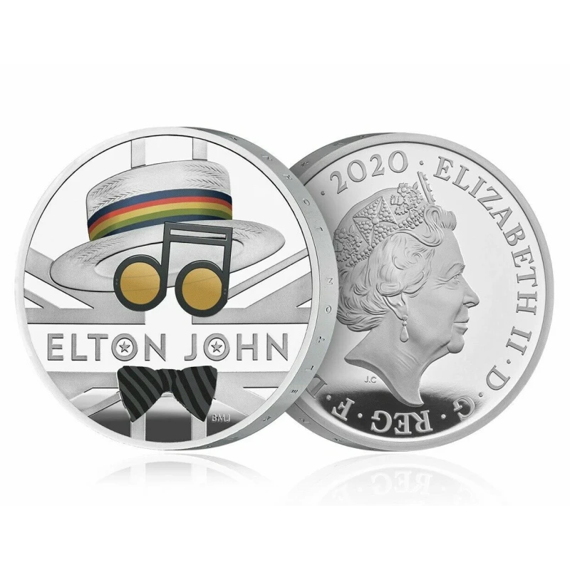 Regno Unito: moneta d'argento Elton John 2020 Proof colorata da 1 oncia Monete da collezione