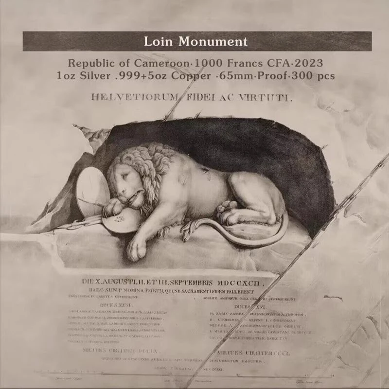 Kamerun: Bimetallmünze Der traurige Löwe von Luzern 2023 polierte Platte 6 oz Sammlermünzen