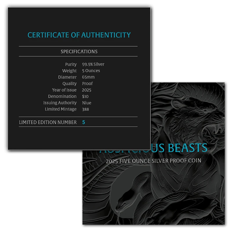 Niue: Silbermünze Auspicious Beasts 2025 Polierte Platte koloriert 5 Unzen Sammlermünzen