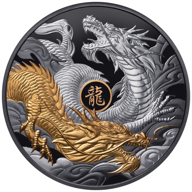 Niue: silver coin Year of the Dragon 2024 Black Proof gilded 5 oz Collectible coins