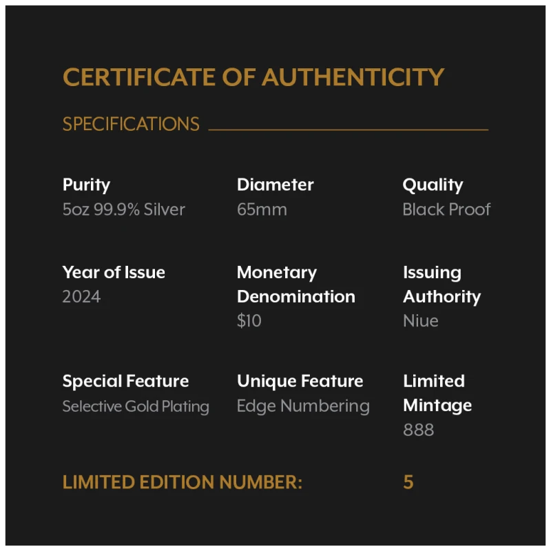 Niue: silver coin Year of the Dragon 2024 Black Proof gilded 5 oz Collectible coins