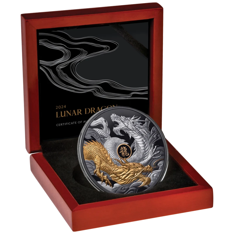 Niue: silver coin Year of the Dragon 2024 Black Proof gilded 5 oz Collectible coins