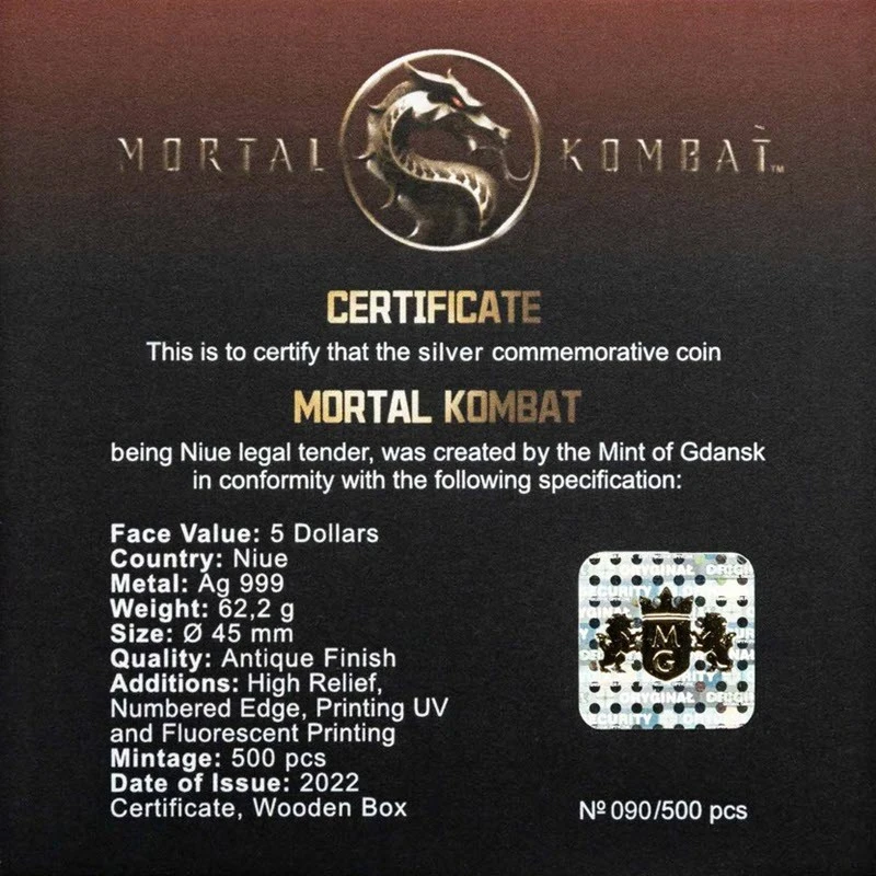 Niue: moneta d'argento Mortal Kombat 2022 colorata da 2 oncia Monete da collezione