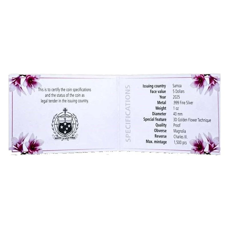 Samoa: Silbermünze Magnolia 2025 Polierte Platte vergoldet 1 Unze Sammlermünzen