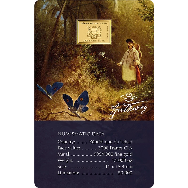 Pièce d'or Tchad Carl Spitzweg Chasseur de papillons 1/1000 once  Pièces de collection