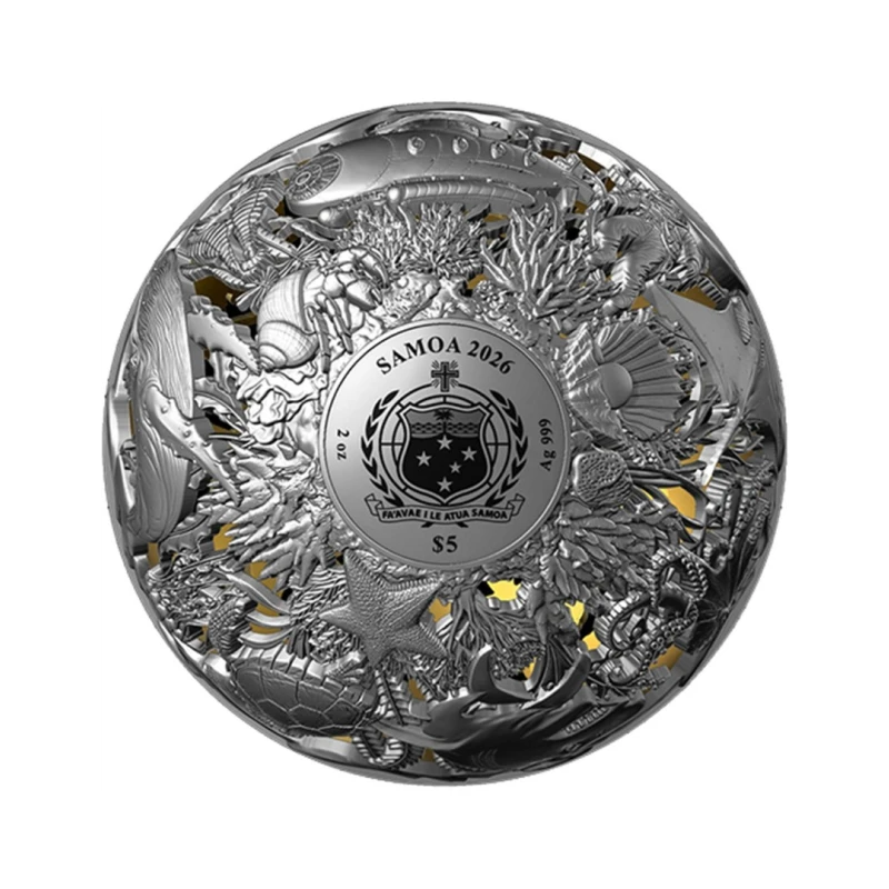 Moneta d'argento Samoa Mare e Superficie 2026 Dorato 2 oncia Monete da collezione